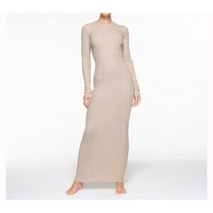 SKIMS WAFFLE CREW NECK LONG DRESS IN STONE NWT